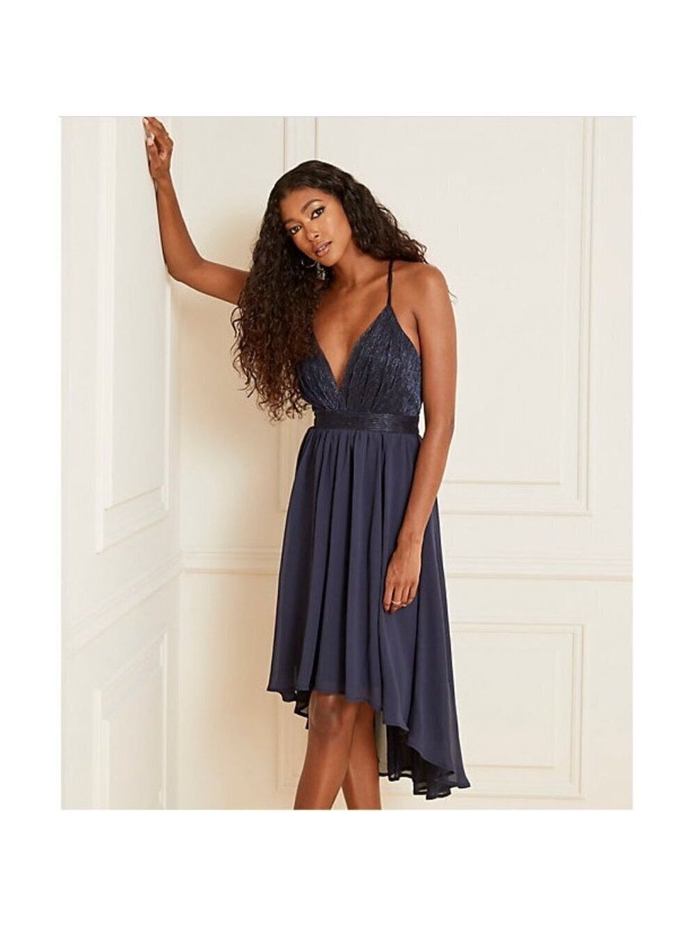 Le Chateau Navy Blue Metallic Knit Deep-V Fit & Flare Dress Size XXL - Picture 2 of 7